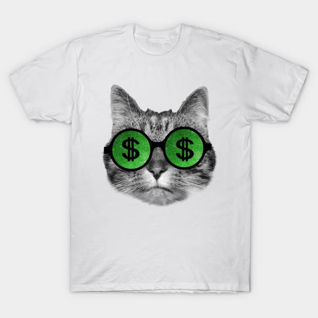 Wealthy cat wearing green dollar sign sunglasses T-Shirt by Purrfect